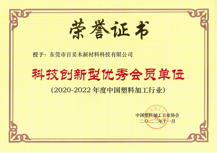 百妥木荣获中国塑料加工行业科技创新型优秀会员单位称号